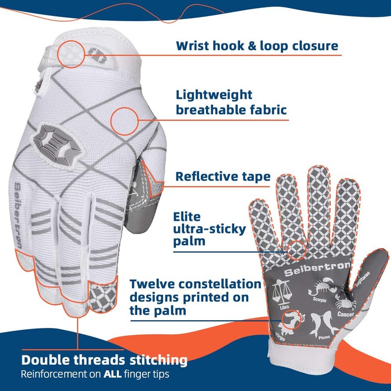 Seibertron Pro 3.0 Twelve Constellations Elite Ultra-Stick Sports Receiver Glove Football Gloves fit for Youth Child Kids White XS - Image 2